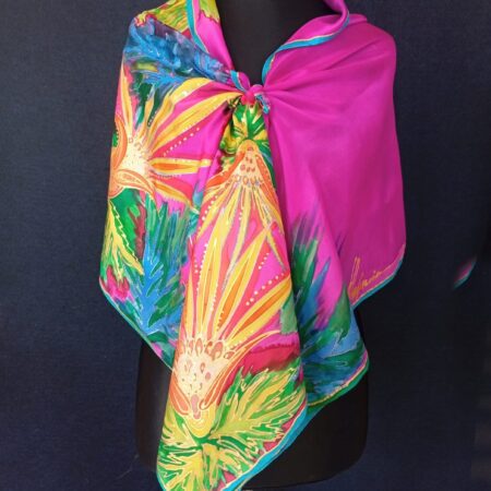 Krāsaina zīda šalle – ar rokām apgleznota tropu lapu dizainā - No.S23